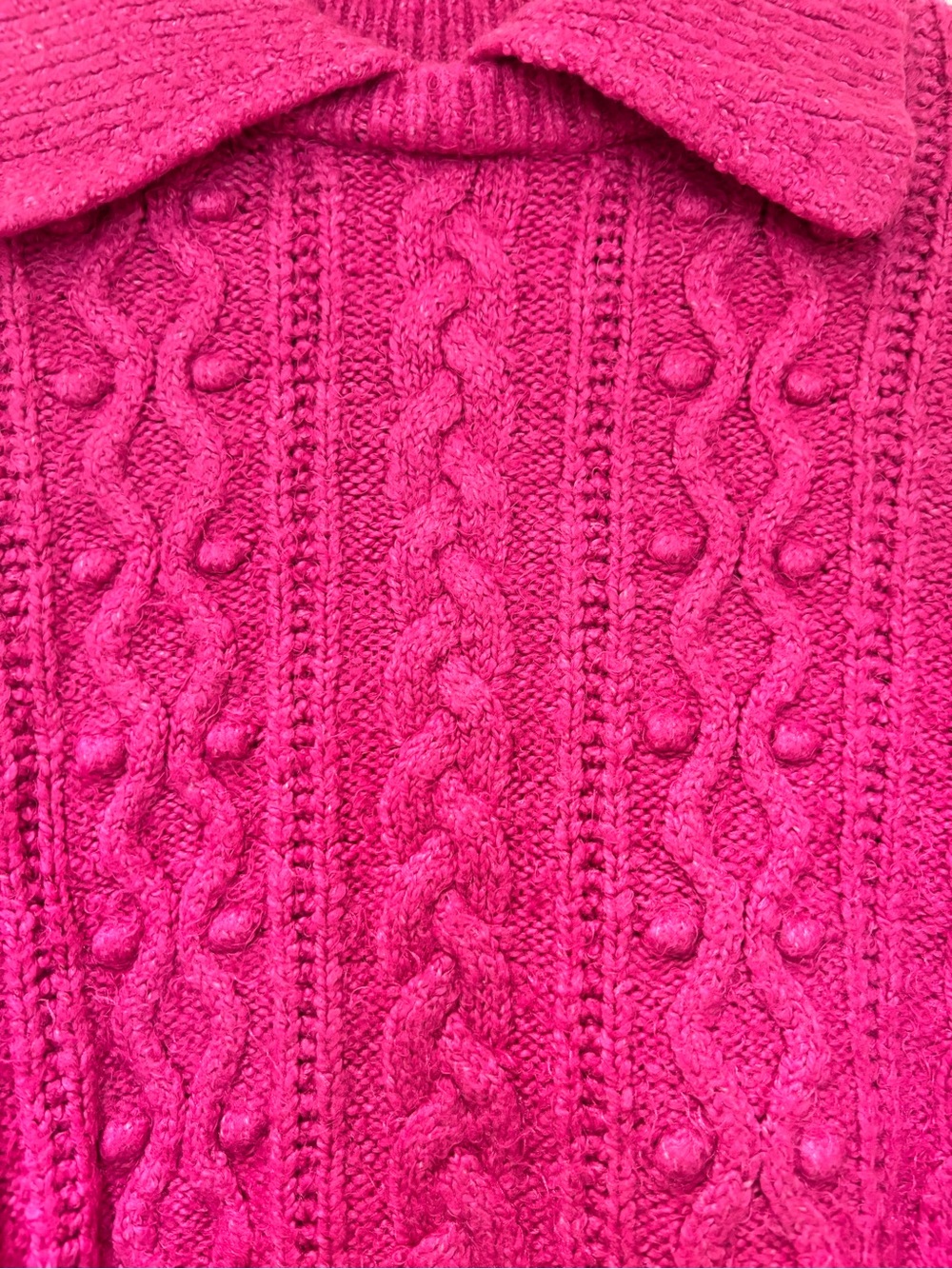 FREE PEOPLE Sz S Every Cloud Sweater Fuchsia Fizz Cable Collared Cotton Blend - Picture 7 of 11